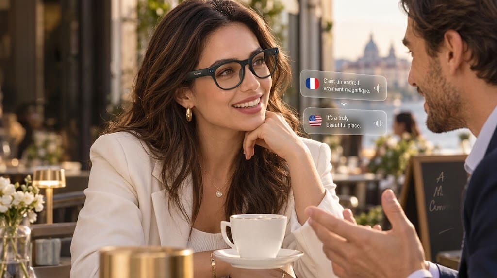 Woman wearing Y4 smart glasses in a cafe conversation, with illustrative French and English translation captions