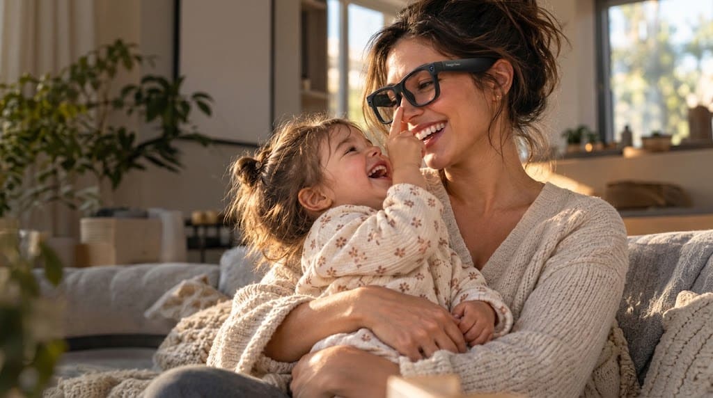 Mother wearing Y4 smart glasses while sharing a hands-free family moment with her child