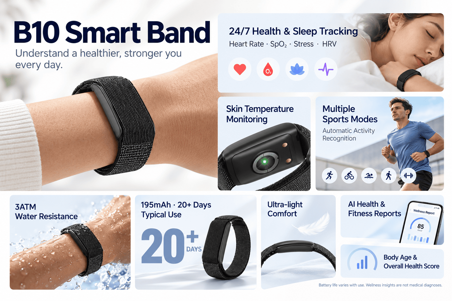 B10 health, sleep, sports and AI wellness features with 195mAh battery